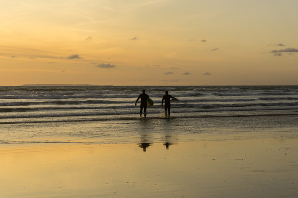 sunset surfers at Westward Ho in North Devon Picture Board by Tony Twyman