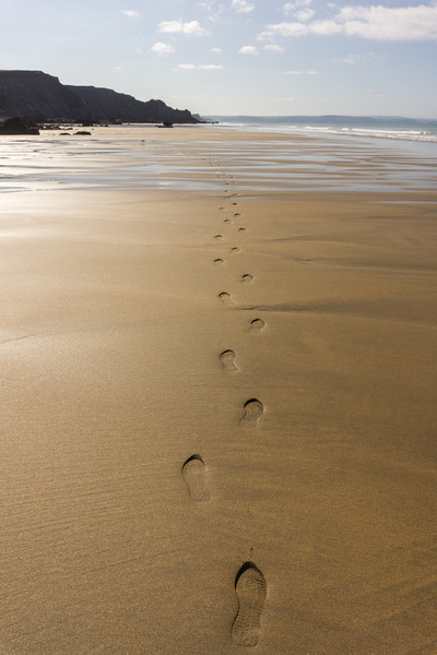 Footsteps on a deserted Cornish beach Picture Board by Tony Twyman