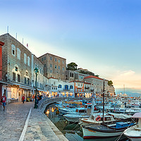 Buy canvas prints of Panoramic of the waterfront of Hydra, Greece. by RUBEN RAMOS