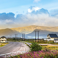 Buy canvas prints of Road with mountains and wooden houses, Leknes. by RUBEN RAMOS