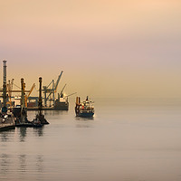 Buy canvas prints of The port of Lisbon in a foggy day. by RUBEN RAMOS