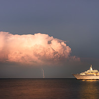 Buy canvas prints of A thunderbolt hit the sea next to a ship. by RUBEN RAMOS