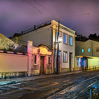 Buy canvas prints of Foggy night and tram railways in Lisbon. by RUBEN RAMOS