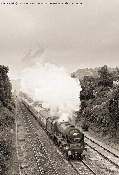 Royal Scot steam train leaves Bath Spa on a cold summers evening expresso black and white Picture Board by Duncan Savidge