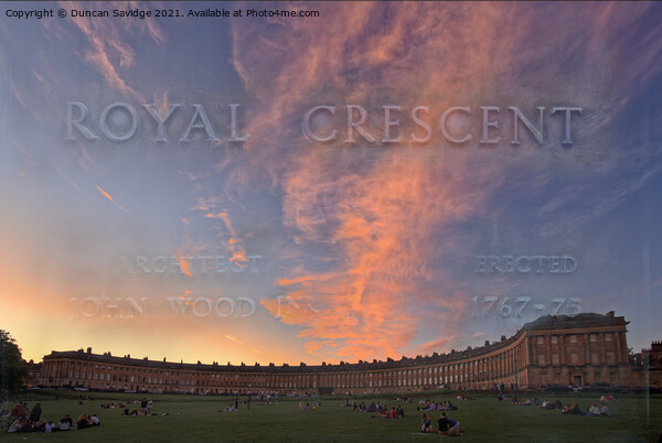 A blended sign of the Royal Crescent against the sun set Picture Board by Duncan Savidge