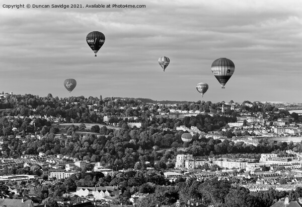 City of Bath and it's hot air balloons black and white Picture Board by Duncan Savidge