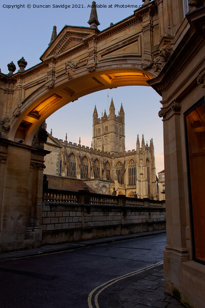 Building arch framing Bath Abbey Picture Board by Duncan Savidge