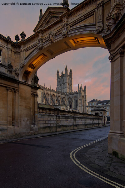 Building arch at York Street framing Bath Abbey Picture Board by Duncan Savidge