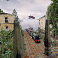 Buy canvas prints of Mayflower steam train through the railings  by Duncan Savidge