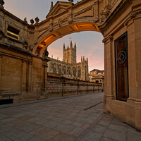 Buy canvas prints of Building arch at York Street framing Bath Abbey new pavement  by Duncan Savidge