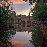 Buy canvas prints of Pink Clouds reflected in the River Avon at Pulteney Bridge Bath by Duncan Savidge