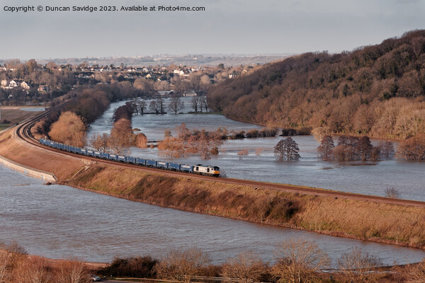 A freight train crosses flooded fields through Corston near Bath Picture Board by Duncan Savidge