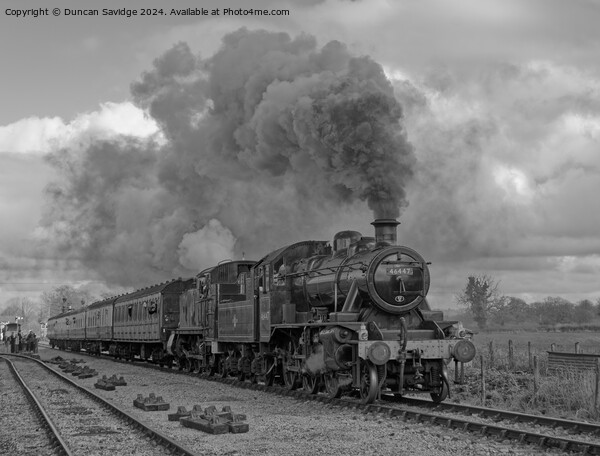 4110 and Ex LMS Ivatt 2MT Class 2-6-0, No.46447 steam trains go back to back in black and white Picture Board by Duncan Savidge