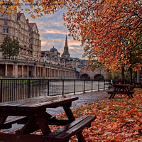 Buy canvas prints of Autumn fall at Pulteney Weir Bath at sunset by Duncan Savidge