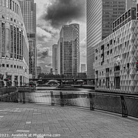 Buy canvas prints of Canary Wharf, London in monochrome with selected colour by Adrian Rowley