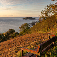 Buy canvas prints of Wooden bench overlooking Looe bay & Looe island in the early morning sun by Jim Peters