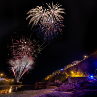 Buy canvas prints of Looe fireworks from within the harbour by Jim Peters