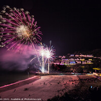 Buy canvas prints of Looe fireworks on the Banjo Pier by Jim Peters