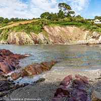 Buy canvas prints of Talland Bay in the sunshine with the coloured red rocks by Jim Peters