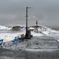 Buy canvas prints of Large waves crashing over the Banjo pier Looe Cornwall by Jim Peters