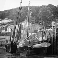 Buy canvas prints of Looe Lugger regatta with Ripple, Maggie and  Erin moored up on West Looe quay at Low water black and white  by Jim Peters
