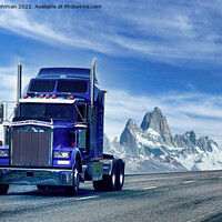 Buy canvas prints of Blue Conventional American Semi Tractor on Road th by Taina Sohlman