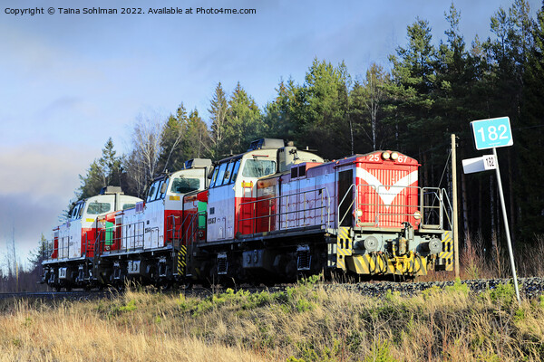 Three Diesel Locomotives At Speed Picture Board by Taina Sohlman