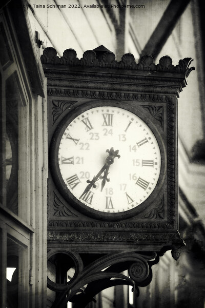 Old Outdoor Wall Clock at Railway Station Monocrom Picture Board by Taina Sohlman