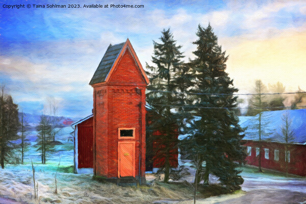 Old Transformer Building in Winter Digital Paintin Picture Board by Taina Sohlman