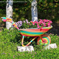 Buy canvas prints of Crochet Covered Wheel Barrow With Flowers  by Taina Sohlman