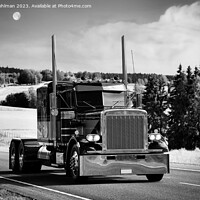 Buy canvas prints of Classic American Truck on Highway Monochrome by Taina Sohlman