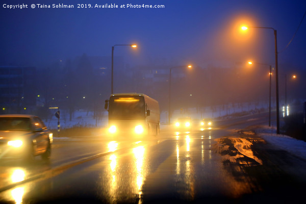 Traffic on Foggy Blue Winter Evening Picture Board by Taina Sohlman