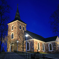 Buy canvas prints of Illuminated Uskela Church, Salo Finland by Taina Sohlman