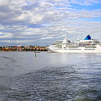 Buy canvas prints of  White Cruiseliner Ferry Arrives in Helsinki, Finl by Taina Sohlman
