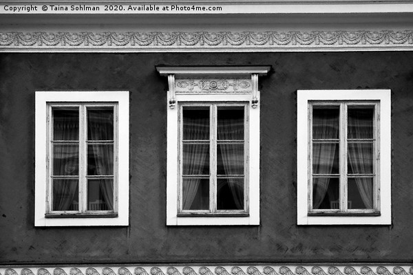 Three Windows on Classic City Building, Monochrome Picture Board by Taina Sohlman