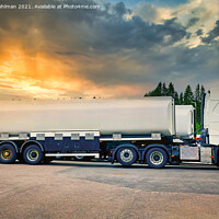 Buy canvas prints of White Semi Tanker at Sunset Truck Yard by Taina Sohlman