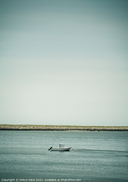 Small white boat moored in water Picture Board by Mehul Patel