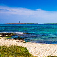 Buy canvas prints of Deserted sandy beach at Punta Prima looking out to lighthouse on by Mehul Patel