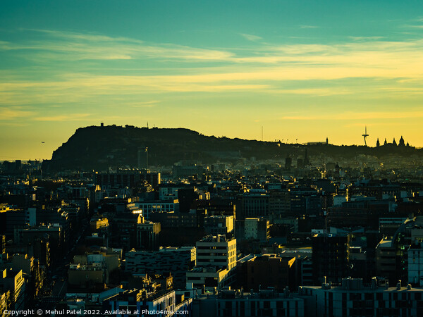 Barcelona evening cityscape at sunset with Montjuic in silhouette, Catalonia, Spain Picture Board by Mehul Patel