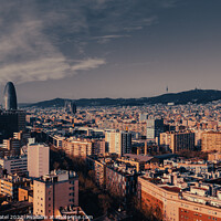 Buy canvas prints of Barcelona city skyline featuring famous landmarks Torre Glories, La Sagrada Familia and the hillside of Tibidabo in the distance - Barcelona, Catalonia, Spain by Mehul Patel