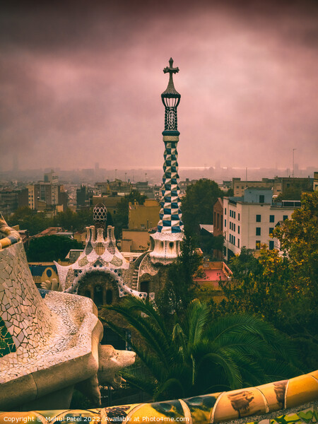 View from Parc Guell on a misty cloudy morning, Barcelona, Catalonia, Spain Picture Board by Mehul Patel