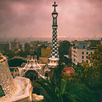 Buy canvas prints of View from Parc Guell on a misty cloudy morning, Barcelona, Catalonia, Spain by Mehul Patel