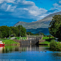 Buy canvas prints of Corpach Double Loch at Corpach Basin near Fort William with Glen Nevis mountain in the distance. Scottish Highlands, Scotland by Mehul Patel