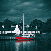 Buy canvas prints of Red sailboat moored in water near traditional style homes by Mehul Patel