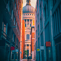Buy canvas prints of Dome and North Transept of St Paul's Cathedral viewed from Queens Head Passage. by Mehul Patel
