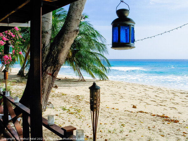 View of beach and Caribbean Sea from patio - Barbados Picture Board by Mehul Patel