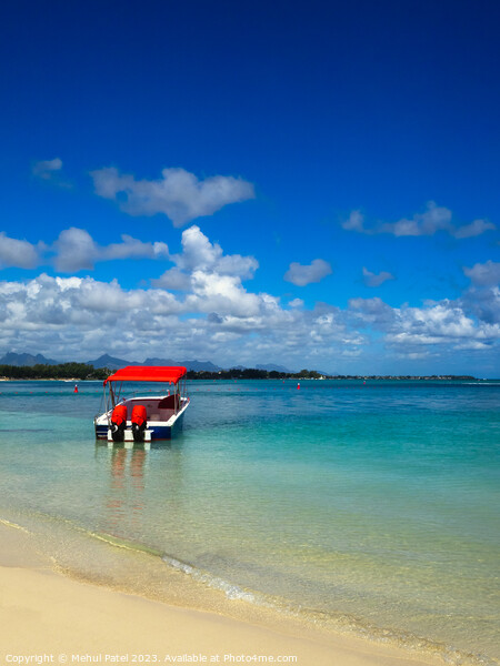 Speedboat moored in shallow waters by Mon Choisy beach Picture Board by Mehul Patel