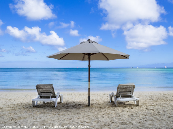 Two sun loungers and parasol on beach Picture Board by Mehul Patel