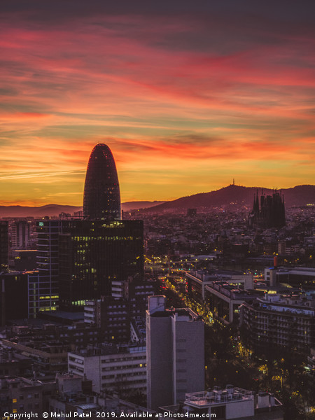 Barcelona cityscape at sunset Picture Board by Mehul Patel