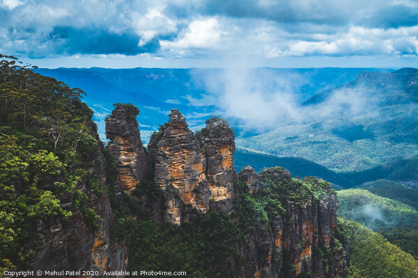 Three Sisters  rock formation overlooking the Jamison Valley in the Blue Mountains, Katoomba, New South Wales, Australia Picture Board by Mehul Patel